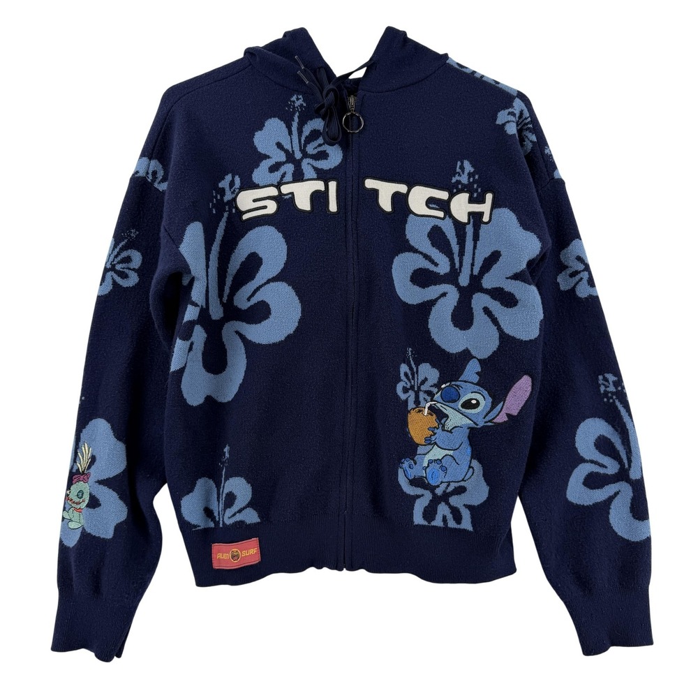 Her Universe Disney Sweater Womens Large Blue Stitch Hooded Full Zip Floral Knit